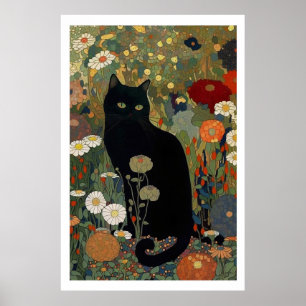 Zwarte kat in een tuin Poster