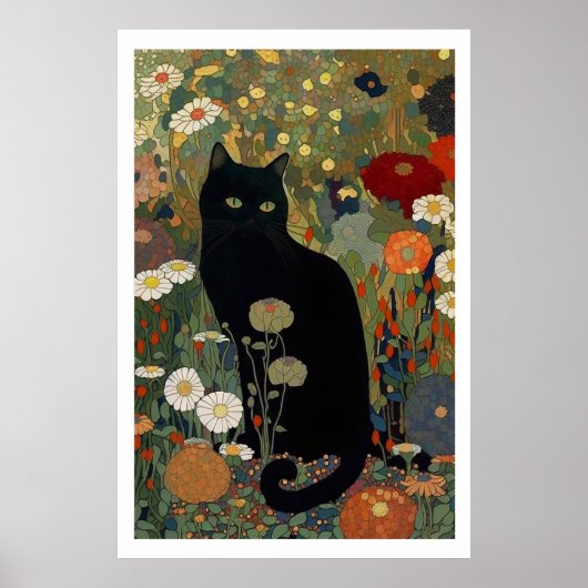 Zwarte kat in een tuin Poster (Voorkant)