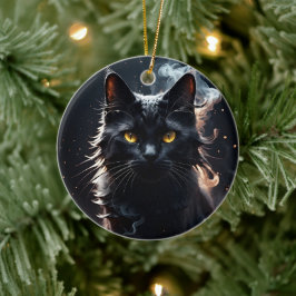 Zwarte kat in een waas van rook verbijsterd  keramisch ornament