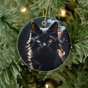 Zwarte kat in een waas van rook verbijsterd  keramisch ornament