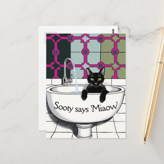 Zwarte kat in een wastafel, wasruimte, waspoten briefkaart (Voorkant / Achterkant in situ)