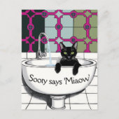 Zwarte kat in een wastafel, wasruimte, waspoten briefkaart (Voorkant)