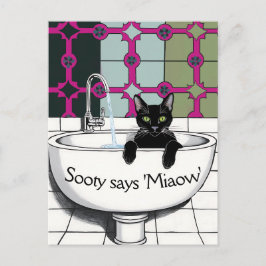 Zwarte kat in een wastafel, wasruimte, waspoten briefkaart