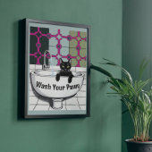 Zwarte kat in een wastafel, wasruimte, waspoten poster