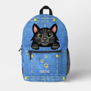 Zwarte kat in Faux Denim Pocket met aangepaste naa Bedrukte Rugzak
