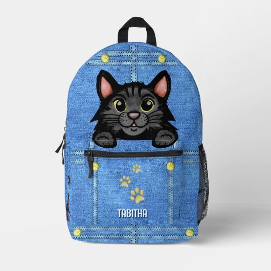 Zwarte kat in Faux Denim Pocket met aangepaste naa Bedrukte Rugzak (Voorkant)