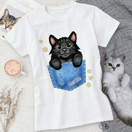 Zwarte kat in Faux Denim Pocket met aangepaste naa T-shirt