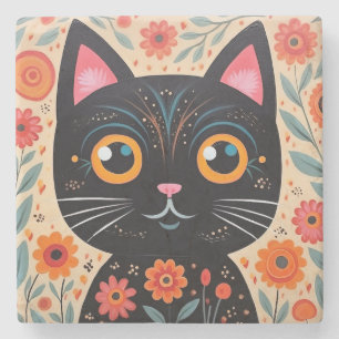 Zwarte kat in folk art stijl stenen onderzetter