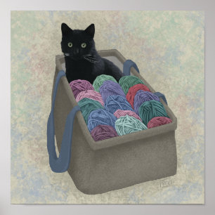 Zwarte kat in garen poster