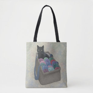 Zwarte kat in garenzak Canvas tas