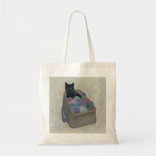 Zwarte kat in garenzak Canvas tas