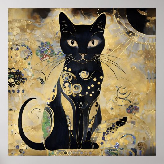  zwarte kat in gouden tint poster (Voorkant)