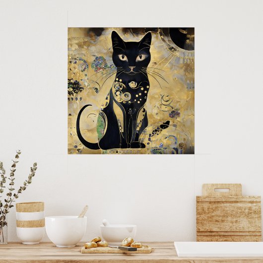 zwarte kat in gouden tint poster (Keuken)