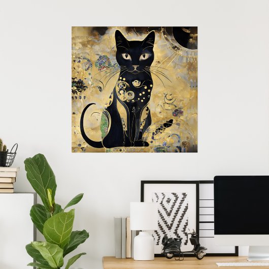 zwarte kat in gouden tint poster (Thuiskantoor)