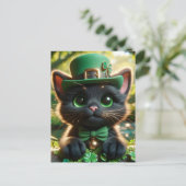 Zwarte kat in groene St. Patrick's Day kleding Briefkaart (Staand voorkant)