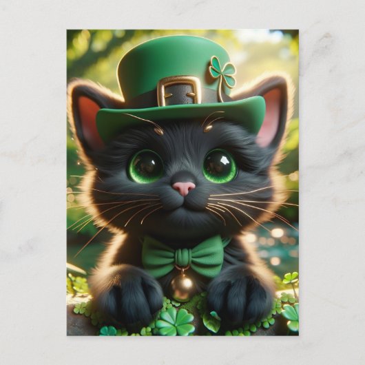 Zwarte kat in groene St. Patrick's Day kleding Briefkaart (Voorkant)