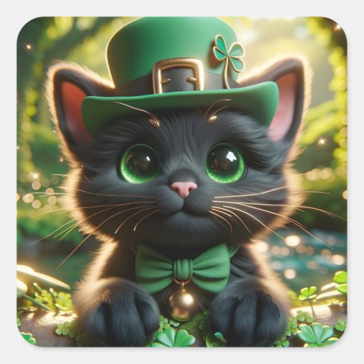 Zwarte kat in groene St. Patrick's Day kleding Vierkante Sticker (Voorkant)