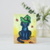 Zwarte kat in heks pet briefkaart (Staand voorkant)