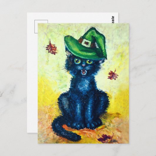 Zwarte kat in heks pet briefkaart (Voorkant / Achterkant)