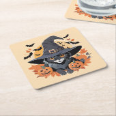 Zwarte kat in heks Pet Halloween Kartonnen Onderzetters (Schuin)
