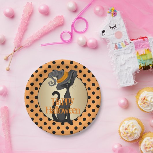 Zwarte kat in heks Pet Halloween Party Papieren Bordje (Feest)