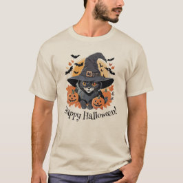 Zwarte kat in heks Pet Halloween T-shirt