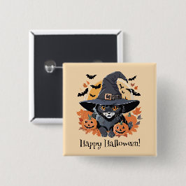 Zwarte kat in heks Pet Halloween Vierkante Button 5,1 Cm