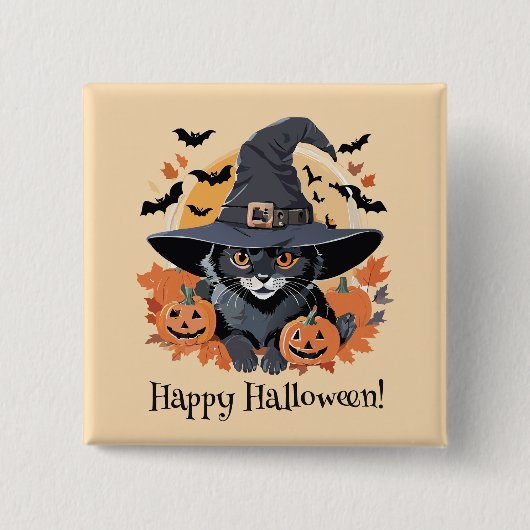 Zwarte kat in heks Pet Halloween Vierkante Button 5,1 Cm (Voorkant)
