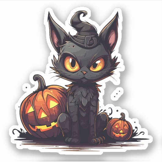 Zwarte kat in heks `s Pet Meowloween Halloween Sticker (Voorkant)