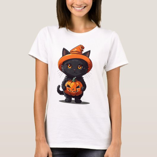 Zwarte kat in heksen Pet met pompoen Halloween T-shirt (Voorkant)