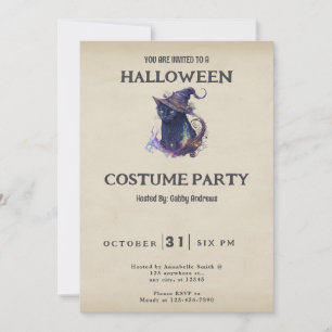 Zwarte Kat in Heksenhoed Vintage Halloween Kaart