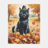 Zwarte Kat in Herfstbladeren Dankbaarheid Kunst Fleece Deken (Voorkant)