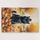 Zwarte Kat in Herfstbladeren Dankbaarheid Kunst Legpuzzel (Horizontaal)