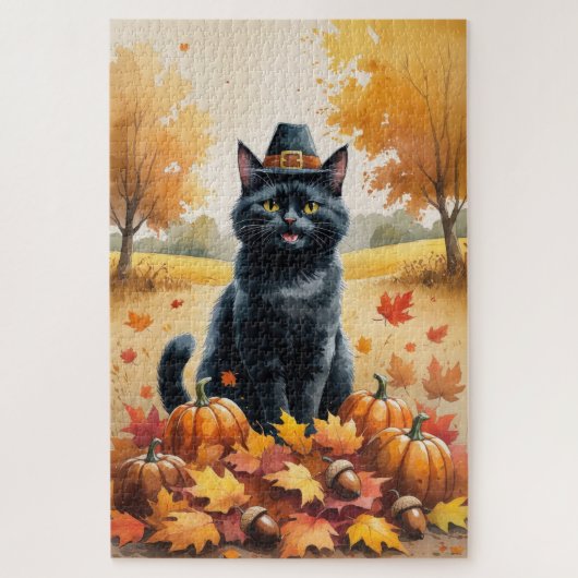 Zwarte Kat in Herfstbladeren Dankbaarheid Kunst Legpuzzel (Verticaal)