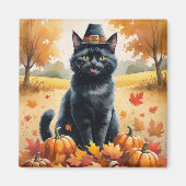 Zwarte Kat in Herfstbladeren Dankbaarheid Kunst Magneet (Voorkant)