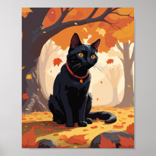 Zwarte kat in het bos poster
