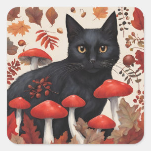 Zwarte Kat in het Herfstbos Vierkante Sticker