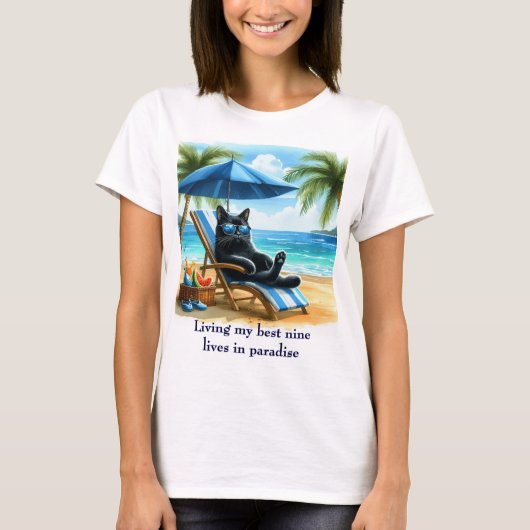 Zwarte kat in het paradijs Beach Time T-shirt (Voorkant)