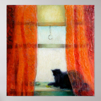 Zwarte kat in het venster poster