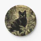 Zwarte kat in het weelderige bos papieren bordje (Voorkant)