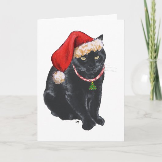 Zwarte kat in kerstmuts feestdagen kaart (Voorkant)