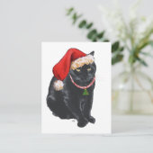 Zwarte kat in kerstmuts feestdagenkaart (Staand voorkant)