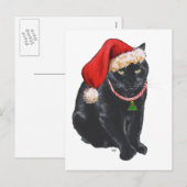 Zwarte kat in kerstmuts feestdagenkaart (Voorkant / Achterkant)