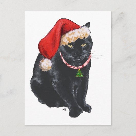 Zwarte kat in kerstmuts feestdagenkaart (Voorkant)