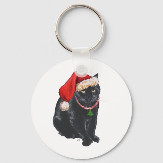 Zwarte kat in kerstmuts sleutelhanger (Voorkant)