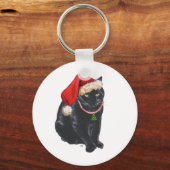 Zwarte kat in kerstmuts sleutelhanger (Voorkant)