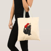 Zwarte kat in kerstmuts tote bag (Voorkant (product))