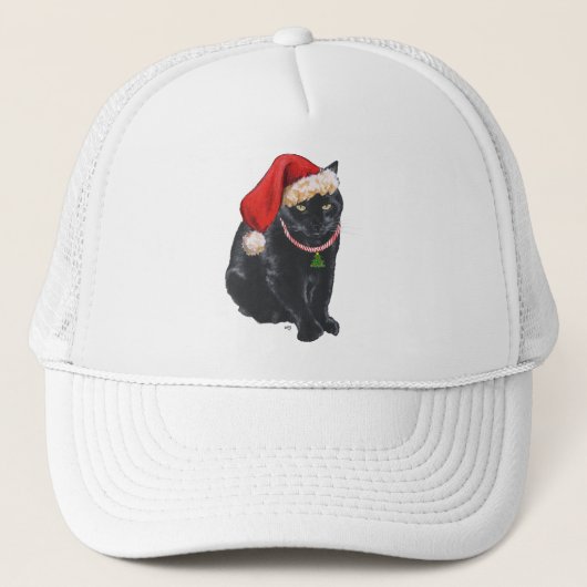 Zwarte kat in kerstmuts trucker pet (Voorkant)