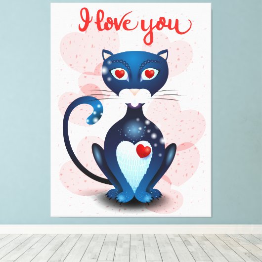 Zwarte kat in liefde canvas afdruk (Insitu (Houten vloer))