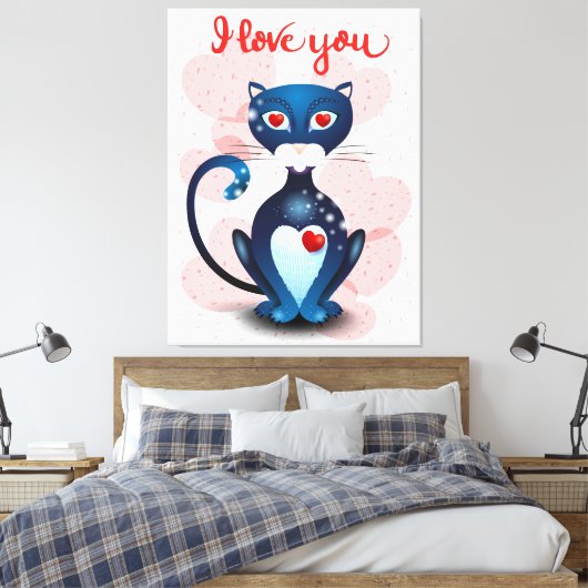 Zwarte kat in liefde canvas afdruk (Insitu (Slaapkamer))
